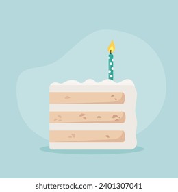 Slice of birthday cake with one candle on a blue background. Sweet dessert
