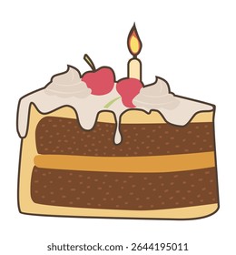 Fatia de bolo de aniversário com cobertura e vela. Brownie, caramelo, cereja.