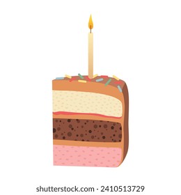 Slice of birthday chocolate cake with candle. Piece of cake for Happy Birthday greeting card, sticker, banner and postcard. Vector illustration isolated on a white background.