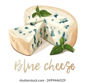 Slice of blue cheese with basil leaves vector icon isolated on white background. A wedge of blue cheese with green leaves around it cartoon illustration. The cheese has veins of blue mold 