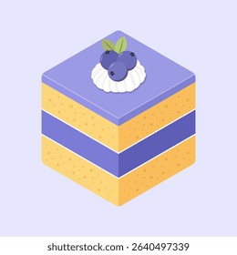Slice of blueberry cake with blueberries topping. Vector illustration delicious sweet dessert. Isometric food of cake for dessert menu.