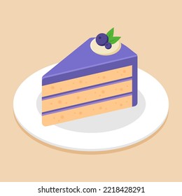 Slice of blueberry cake topping with blueberries on plate or dish. Delicious sweet dessert concept. Isometric food icon. Cute cartoon vector illustration graphic element. Symbol of sweets. Cafe menu.