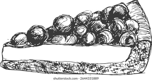 Slice of blueberry pie with detailed hand-drawn illustration  