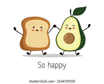 Slice Of Bread And Avocado In Cartoon Style For Cards, Fridge Magnets, Stickers, Posters, Menu.
Kawaii 