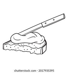 Slice of bread with butter and knife. monochrome, outline.