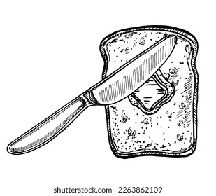 Slice of bread or butter toast on sketch design isolated. concept of traditional or classic breakfast and toast icon. Knife with spreading margarine vector illustration