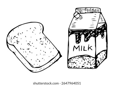 Slice of bread and a carton of milk breakfast vector hand drawn.