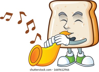 Slice of bread cartoon character playing music with a trumpet