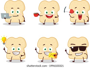 Slice of bread cartoon character with various types of business emoticons. Vector illustration