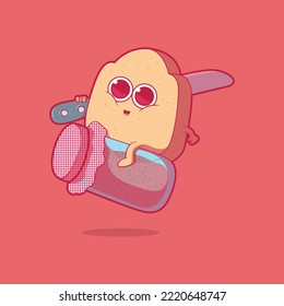 Slice of bread character riding a jelly jar vector illustration. Food, funny design concept.