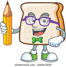 Slice of bread clever student character using a pencil