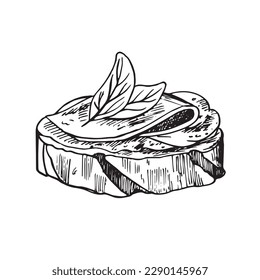 Slice of bread with cream cheese, ham, meat, sausage, toast with melted cheese. Hand drawn illustration sketch. For design, packaging