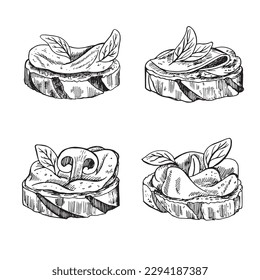 Slice of bread with cream cheese, and mushroom toast with melted cheese. Hand drawn illustration sketch. For design, packaging.