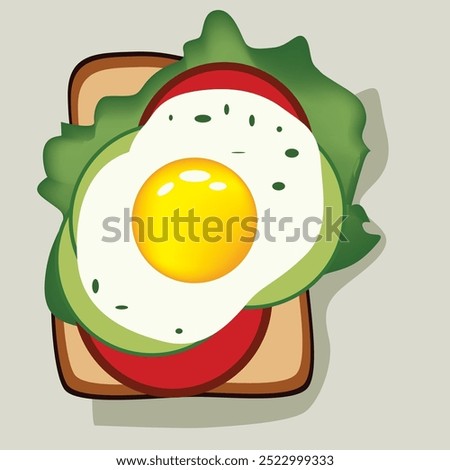 Slice of bread with fried egg, lettuce, tomato and cucumber. Vector illustration without AI