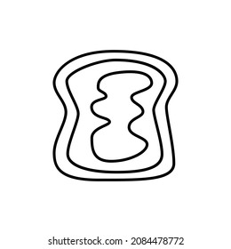 Slice of bread with jam topping icon symbol in flat black line style, isolated on white background