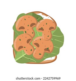 Trozo de pan con champiñones y lechuga. Sándwich con diferentes ingredientes ilustraciones vectoriales. Concepto de alimentación, estilo de vida saludable
