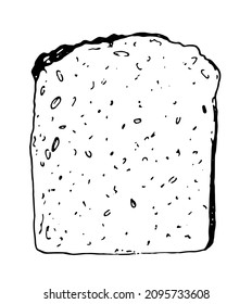 slice of bread sketch. isolated black outline on white. a hand-drawn piece of loaf of bread top view, with a bread texture of dots and circles for a design template A series of illustrations for food.