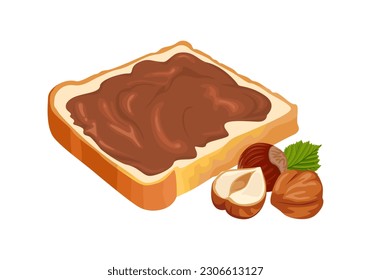 Slice of bread spread with chocolate cream and hazelnuts isolated on white background. Vector cartoon illustration of sweet food.