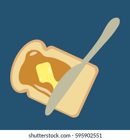 Slice of bread or toast with stretched hot margarine isolated & sweet peanut butter jam vector. Knife spreading butter on a slice of bread, illustration on flat design and dark blue background 