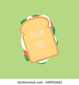 slice of bread with vegetables. breakfast isolated vector simple modern cartoon. one whole cheese sandwich with tomato, lettuce & bacon, sausage flat design. healthy & vegetarian food background