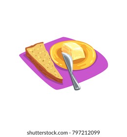 Slice of brown bread with grains on purple table-napkin and butter on yellow plate. Tasty breakfast. Food concept. Good morning. Cartoon flat vector design