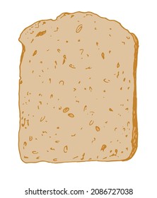 una rebanada de pan marrón. pedazo aislado de pan hecho a mano en forma de boceto, vista superior, marrón claro con una textura de pan de puntos y ovales para una plantilla de diseño.