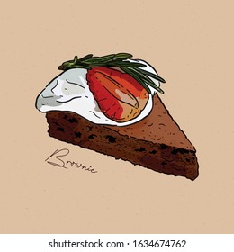 slice of brownie,on top with cream, strawberry and rosemary. hand draw sketch vector.
