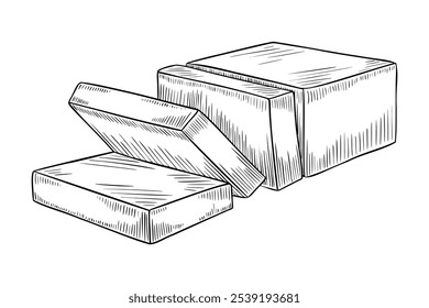 Fatia de manteiga ou queijo vetor ilustração linear. Desenho esquemático de produtos láteos pintados com tintas pretas. Entalhe monocromático para livro de culinária ou receita culinária. Linhagem para design de alimentos.
