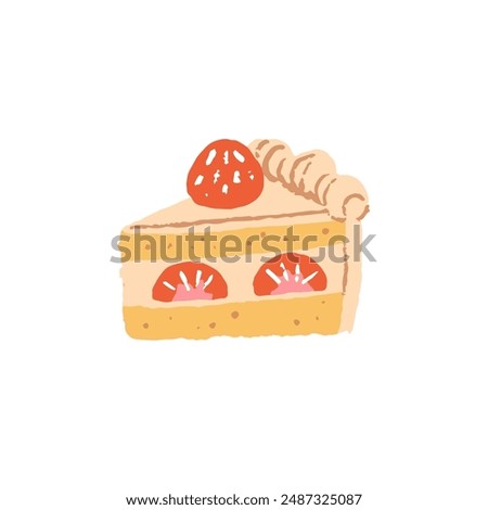 Slice of butter cream cake. Piece of cheesecake with strawberry, fruit. Biscuit pie for birthday party. Sweet food, confectionery, dessert. Flat isolated hand drawn vector illustration on white