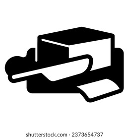 Trozo de mantequilla con cuchillo en la porción de un icono sólido a bordo, concepto de productos lácteos, Margarine Pack signo sobre fondo blanco, mantequilla sobre el icono del platillo en estilo glifo para móvil. Gráficos vectoriales