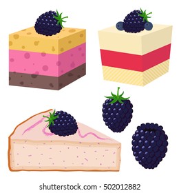 Slice of cake with blackberry, desserts with berries. Organic food in trendy flat style. Hipster food.