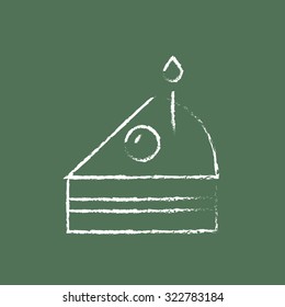 Slice of cake with candle hand drawn in chalk on a blackboard vector white icon isolated on a green background.