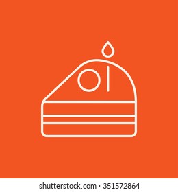 Slice of cake with candle line icon for web, mobile and infographics. Vector white icon isolated on red background.