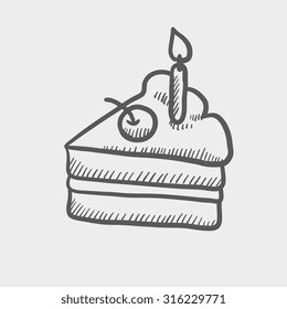 Slice of cake with candle sketch icon for web, mobile and infographics. Hand drawn vector dark grey icon isolated on light grey background.