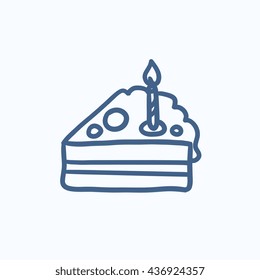 Slice of cake with candle vector sketch icon isolated on background. Hand drawn Slice of cake with candle icon. Slice of cake with candle sketch icon for infographic, website or app.
