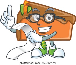 Slice cake in the cartoon character holding bill.