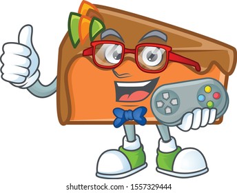 Slice cake in the cartoon character holding gamer.