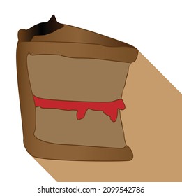 A slice of cake in cartoon style with a shadow over a whte background
