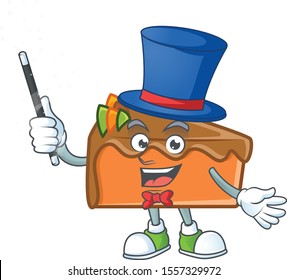 Slice cake character magician on white background