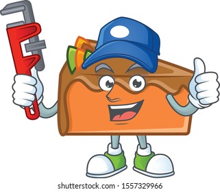 Slice cake character plumber on white background