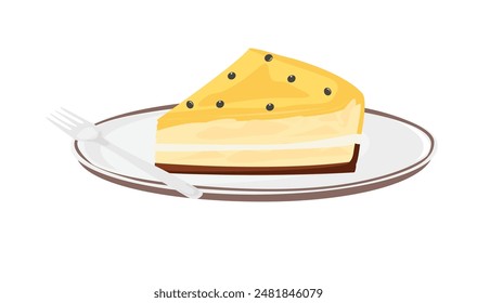 Slice of cake with cheese and passion fruit flavor and topping. Sweet food and dessert. Birthday element. Flat vector in cartoon style isolated on white background.