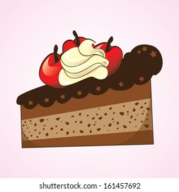 Slice of cake with cherries over pink background