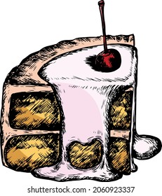 a slice of cake with cherry and cream hand-drawn sketchy illustration 