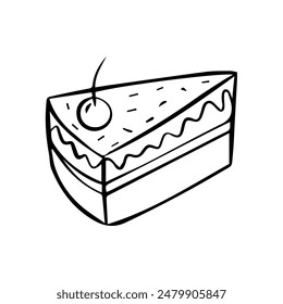 slice cake with cherry  doodle art and hand drawing style , black and white 