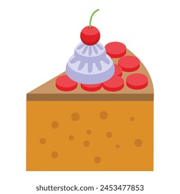 Slice of cake with cherry icon isometric vector. Calorie caramel dessert. Sweet item