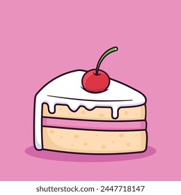 Slice of cake with a cherry on it, cake slice cartoon vecto illustration	