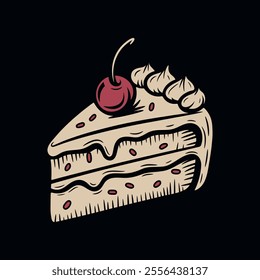 A slice of cake with a cherry on top in a vintage style. Birthday cake. Delicious festive dessert with cream. Vector flat illustration isolated on black background.
