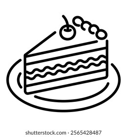 A slice of cake with cherry on the top round line vector icon with editable stroke 