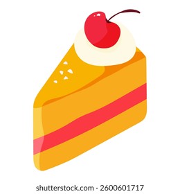A slice of cake with a cherry on top. The cake is yellow and red