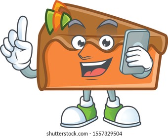 Slice cake chocolate with the mascot with holding phone.